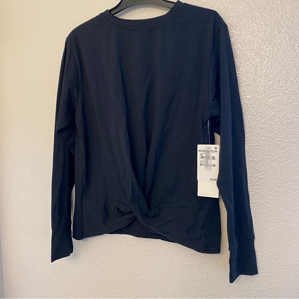 Zella girls black crewneck front twist stretchy long sleeve top L 10/12 NEW